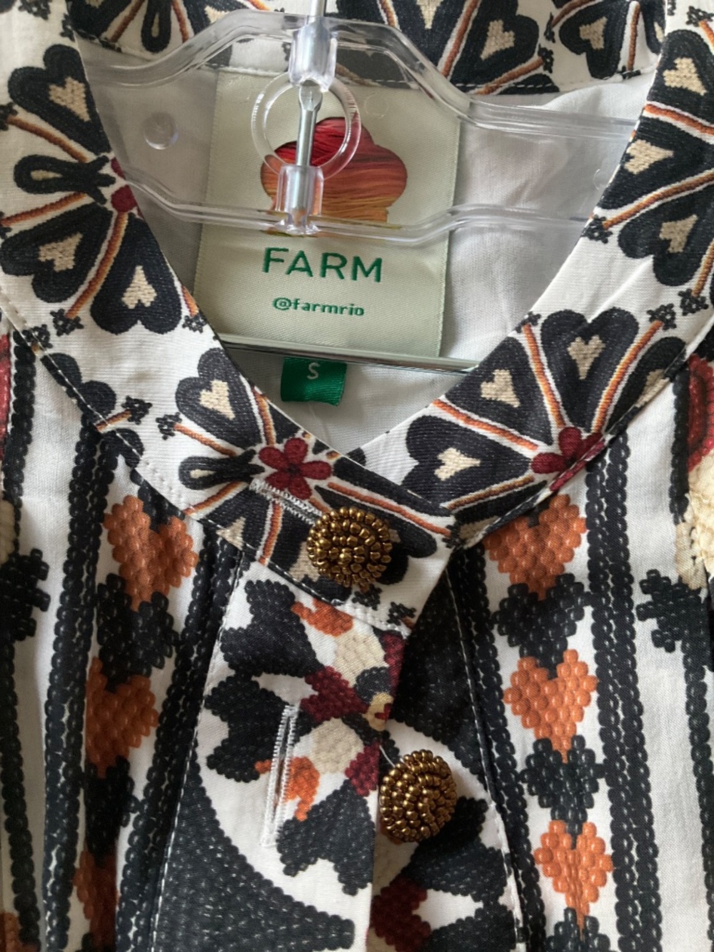 Farm Rio Ivory printed cotton-blend round collar Flower Fan Tapestry belted mini - Picture 4 of 7